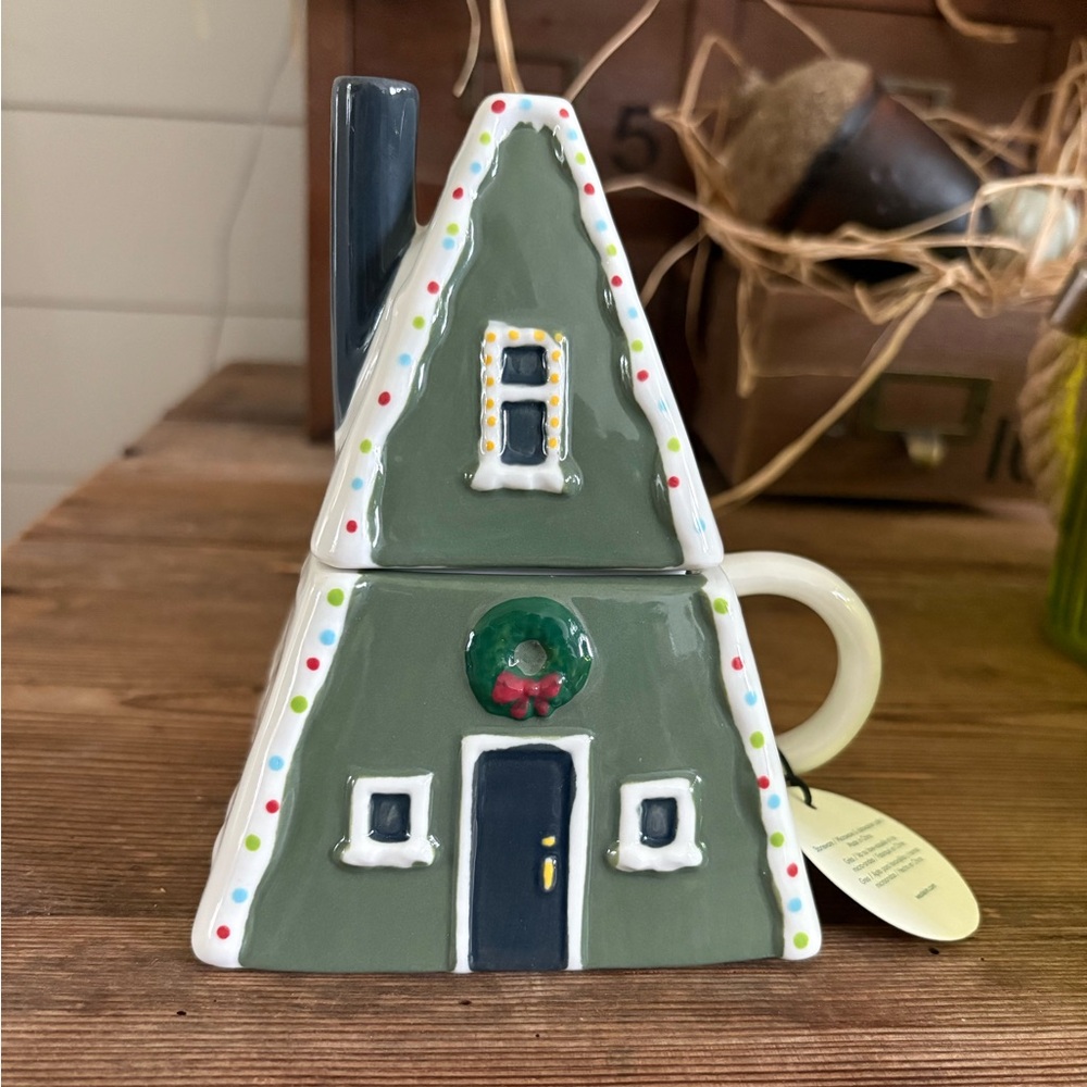 West Elm White and Green Ceramic “Holiday Skiers Figural House Mug”